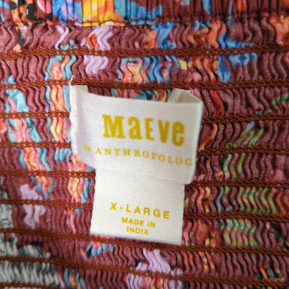 Maeve Anthropologie Top Womens XL Brown Floral Animal Print Tie Front Smocking - Picture 2 of 7